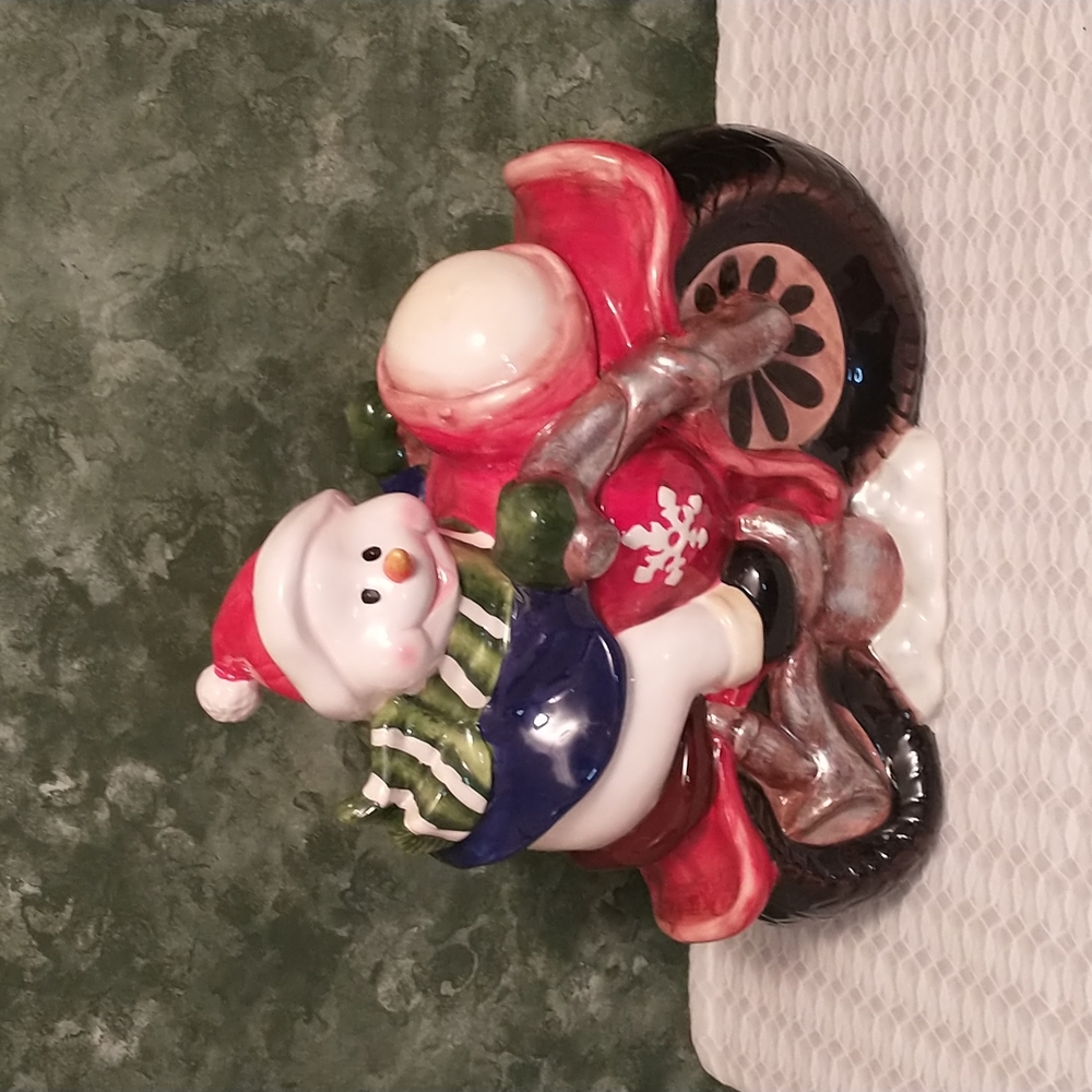 Sorelle-  "Snowman riding a motorcycle" Large Cookie Jar - A31